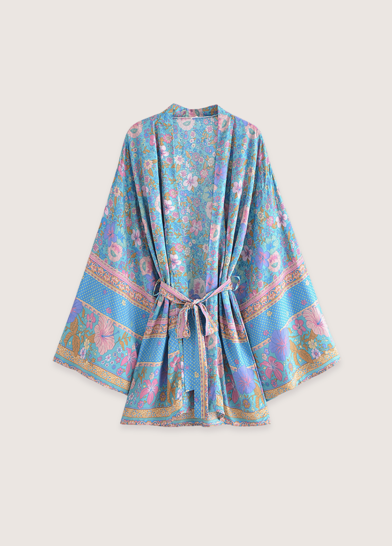My Store Kimono mit blühenden blauen und rosafarbenen Mustern Kimono mit blühenden blauen und rosafarbenen Mustern