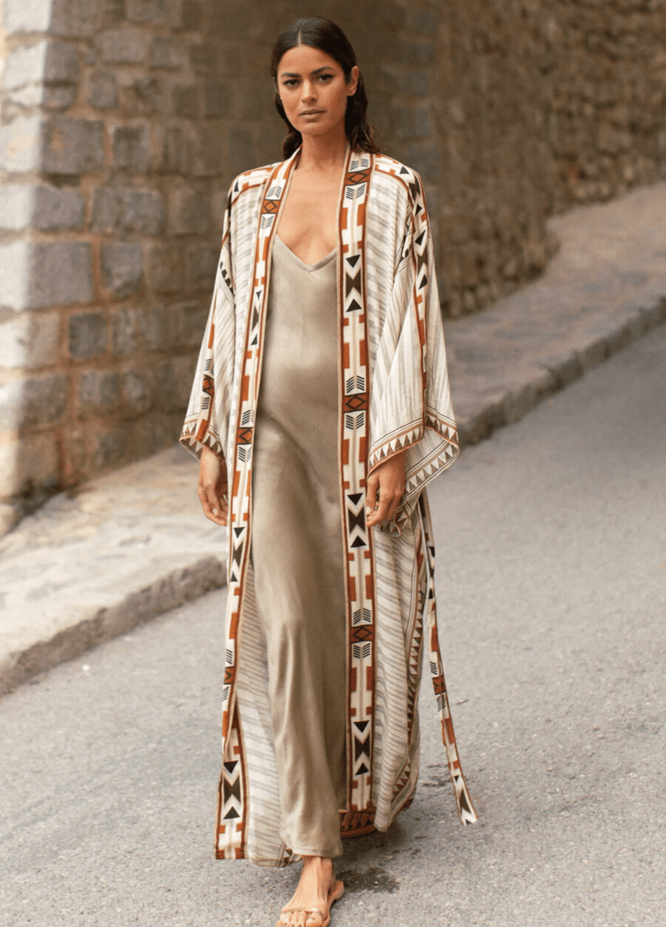 My Store beige / einzigartig Langer beiger Kimono mit tribalem geometrischem Muster Langer beiger Kimono mit tribalem geometrischem Muster 1005001952757045-white-One Size