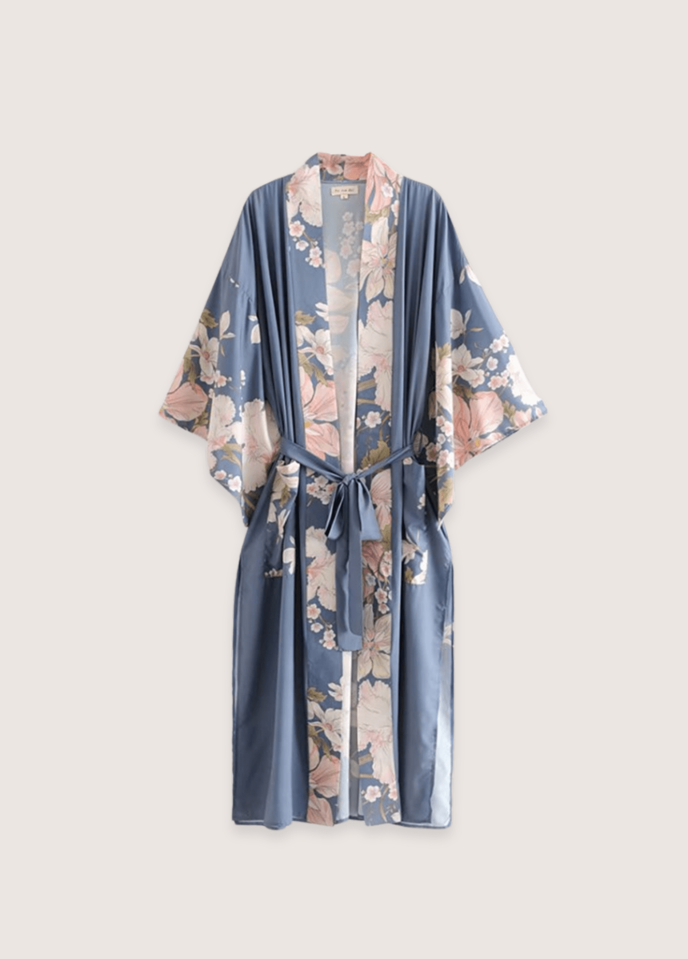 My Store Langer hellblauer Kimono mit Blumen  und Pfauenmuster Langer hellblauer Kimono mit Blumen  und Pfauenmuster