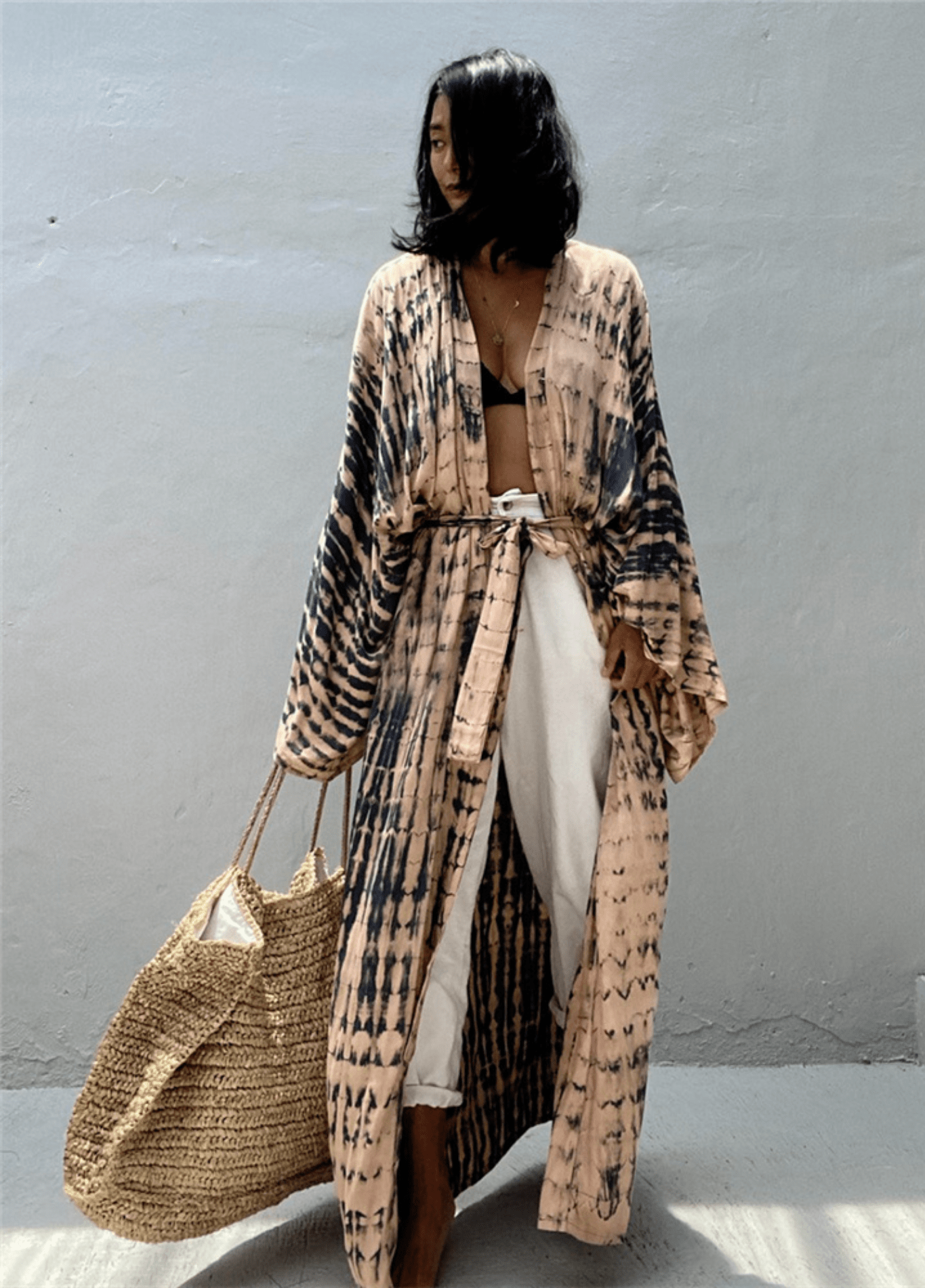 My Store beige / einzigartig Langer Kimono beiger rosafarbener mit Batikdruck und Gürtel Langer Kimono beiger rosafarbener mit Batikdruck und Gürtel 1005005841940236-style1-One Size