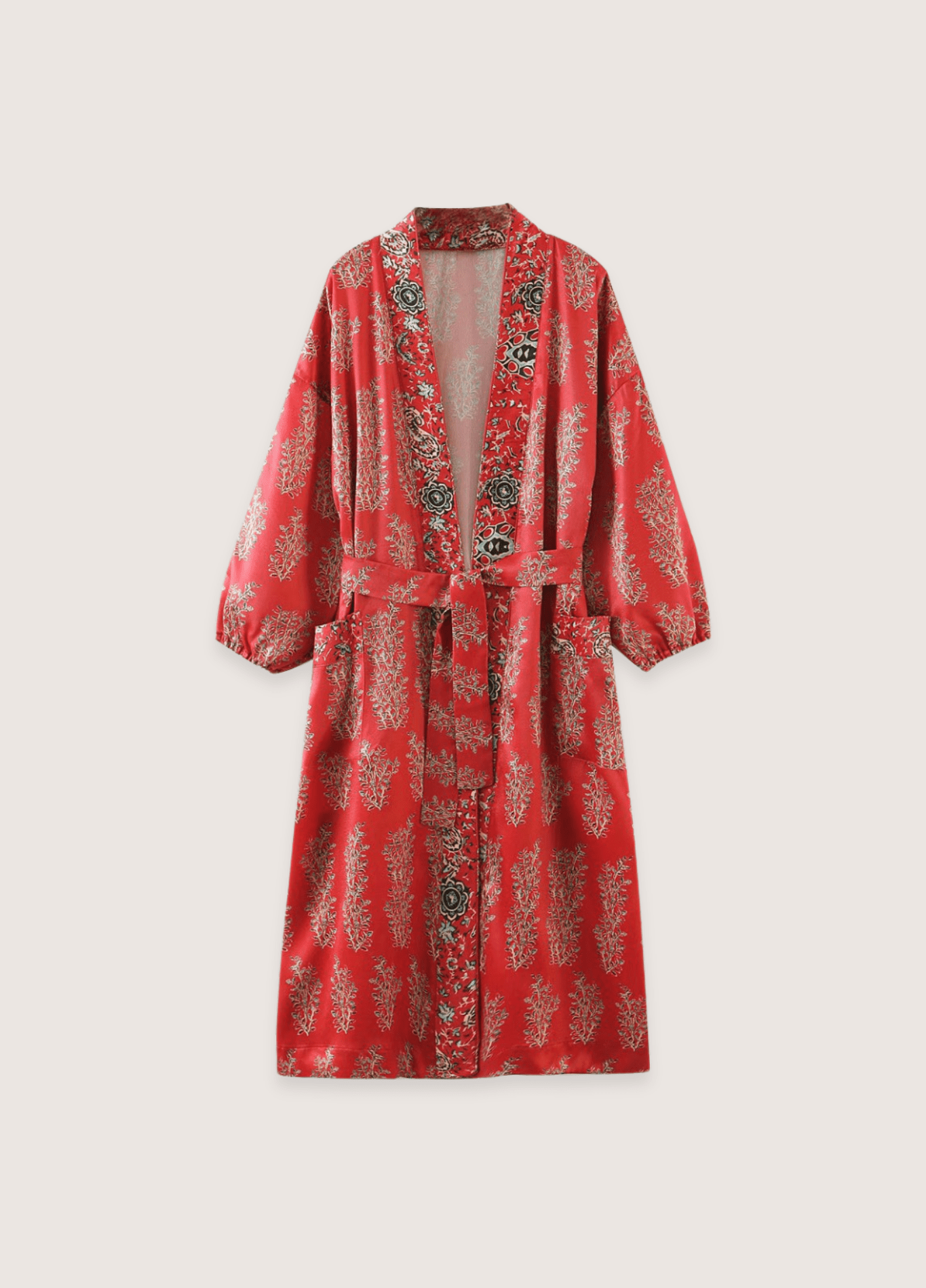 My Store Langer roter Kimono mit Blumenmuster Langer roter Kimono mit Blumenmuster